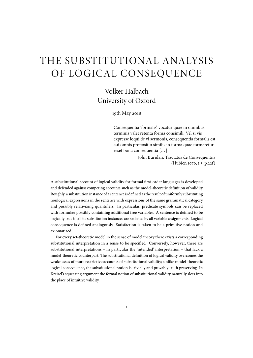 The Substitutional Analysis of Logical Consequence