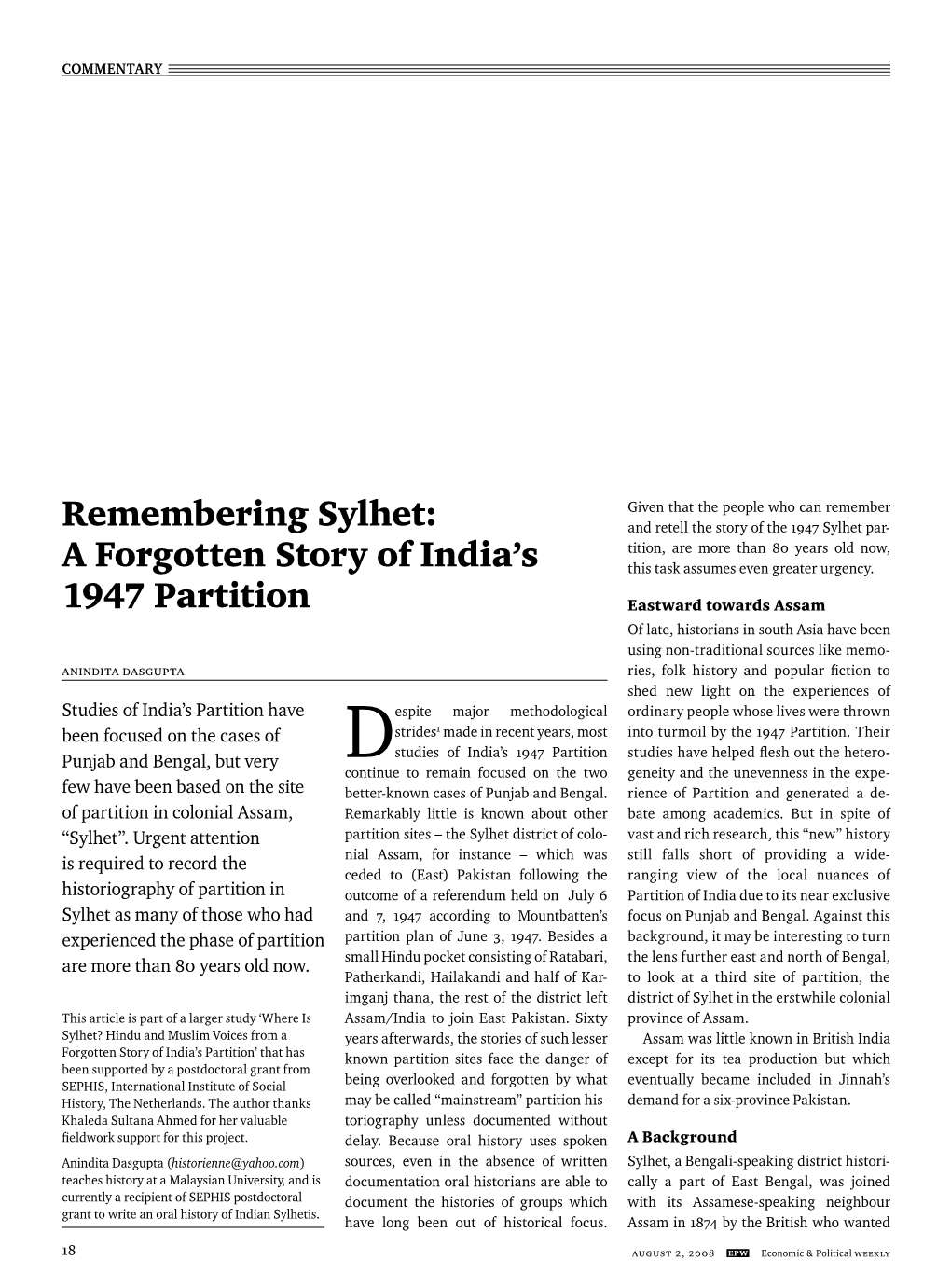 Remembering Sylhet: a Forgotten Story of India's 1947 Partition