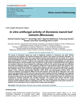 In Vitro Antifungal Activity of Dorstenia Mannii Leaf Extracts (Moraceae)