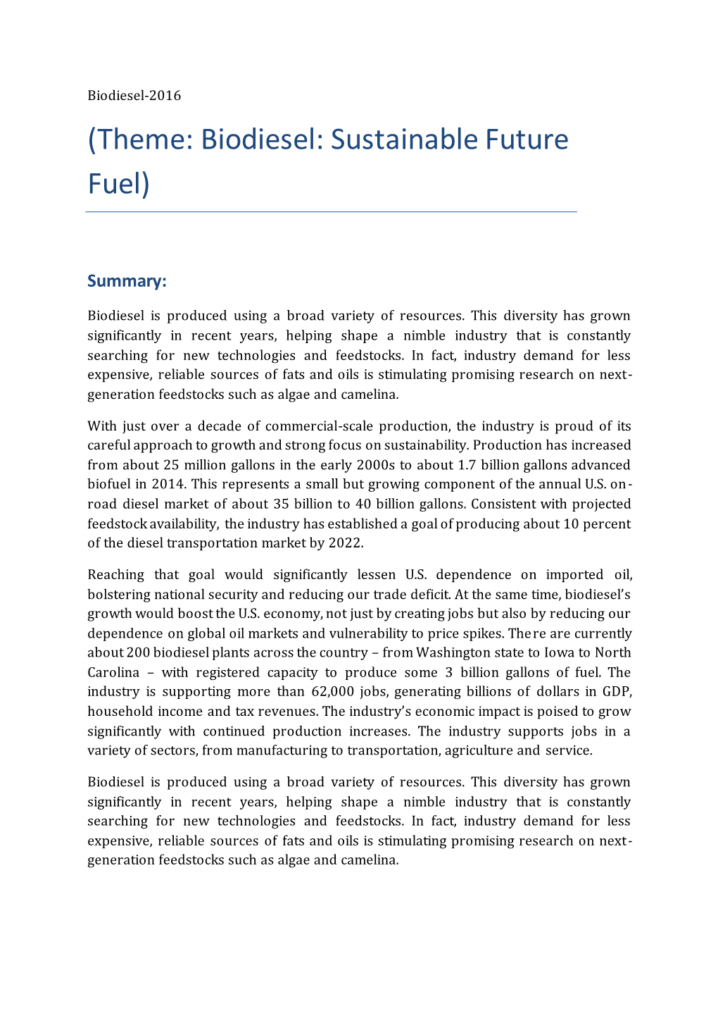 Theme: Biodiesel: Sustainable Future Fuel