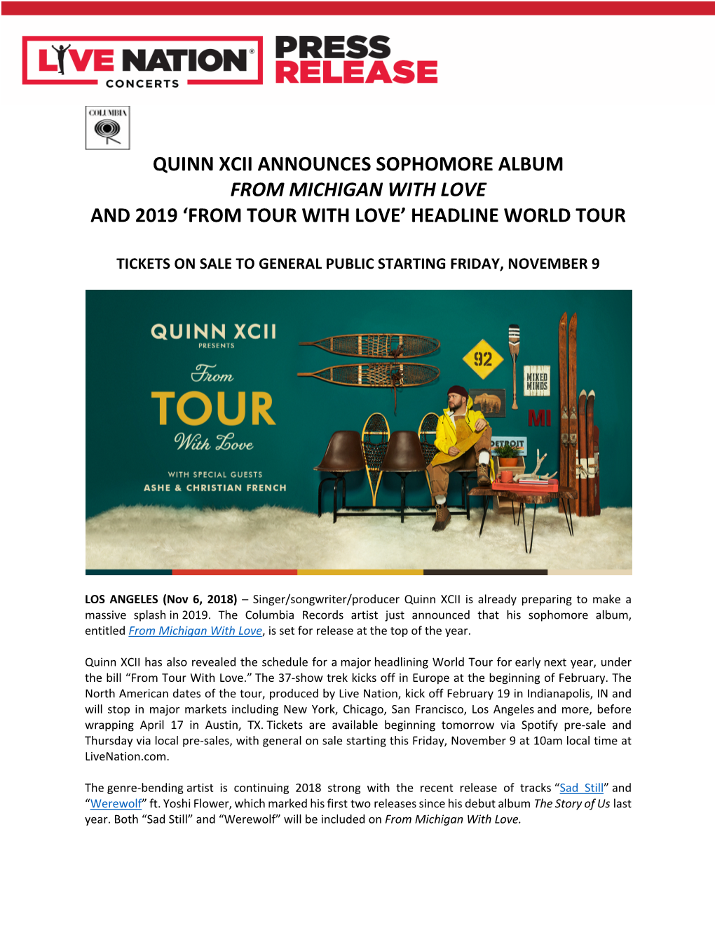 Quinn Xcii Announces Sophomore Album from Michigan with Love and 2019 ‘From Tour with Love’ Headline World Tour