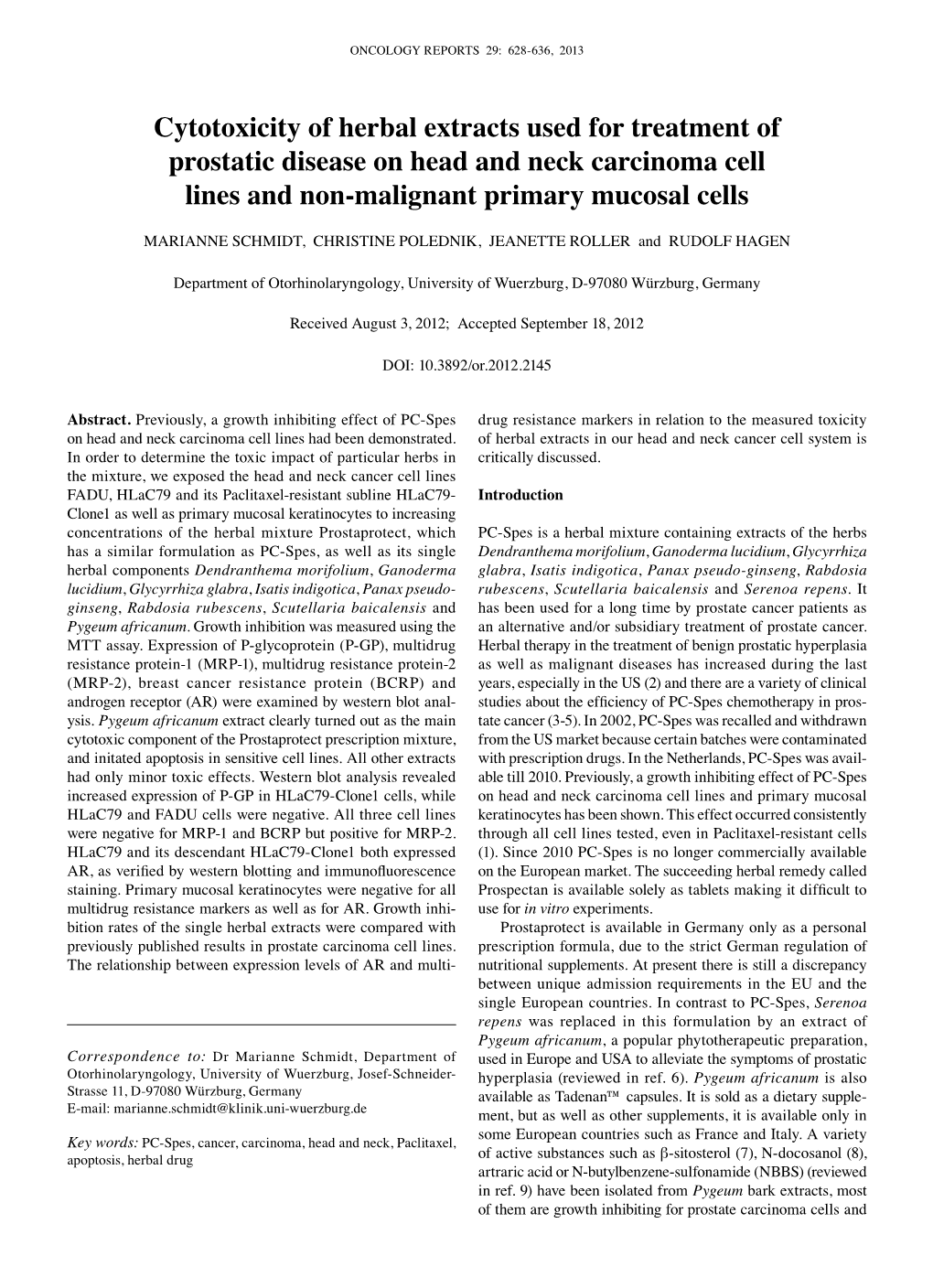 Cytotoxicity of Herbal Extracts Used for Treatment of Prostatic Disease on Head and Neck Carcinoma Cell Lines and Non-Malignant Primary Mucosal Cells