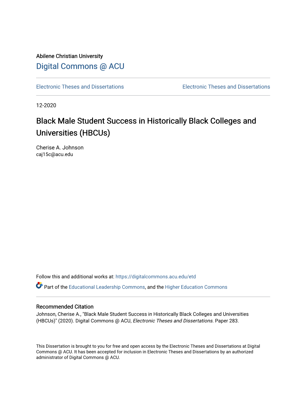 Black Male Student Success in Historically Black Colleges and Universities (Hbcus)