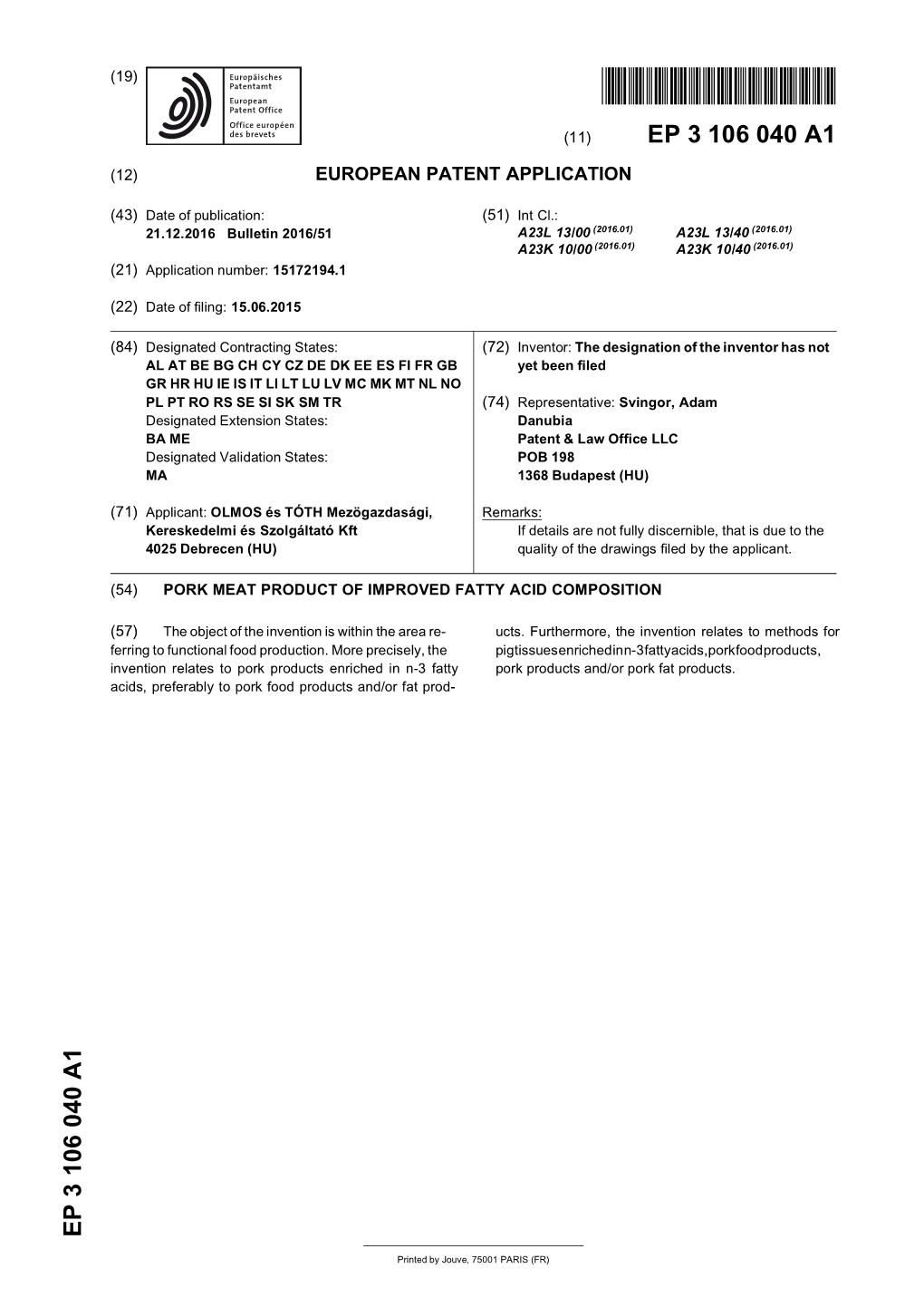 Pork Meat Product of Improved Fatty Acid Composition