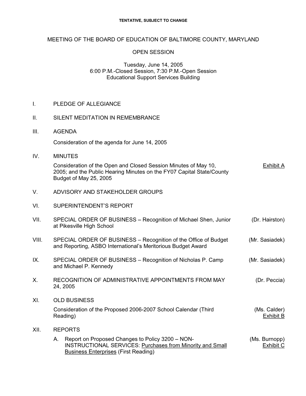 Board of Education Meeting Packet for June 14, 2005