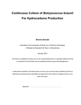 Continuous Culture of Botryococcus Braunii for Hydrocarbons Production