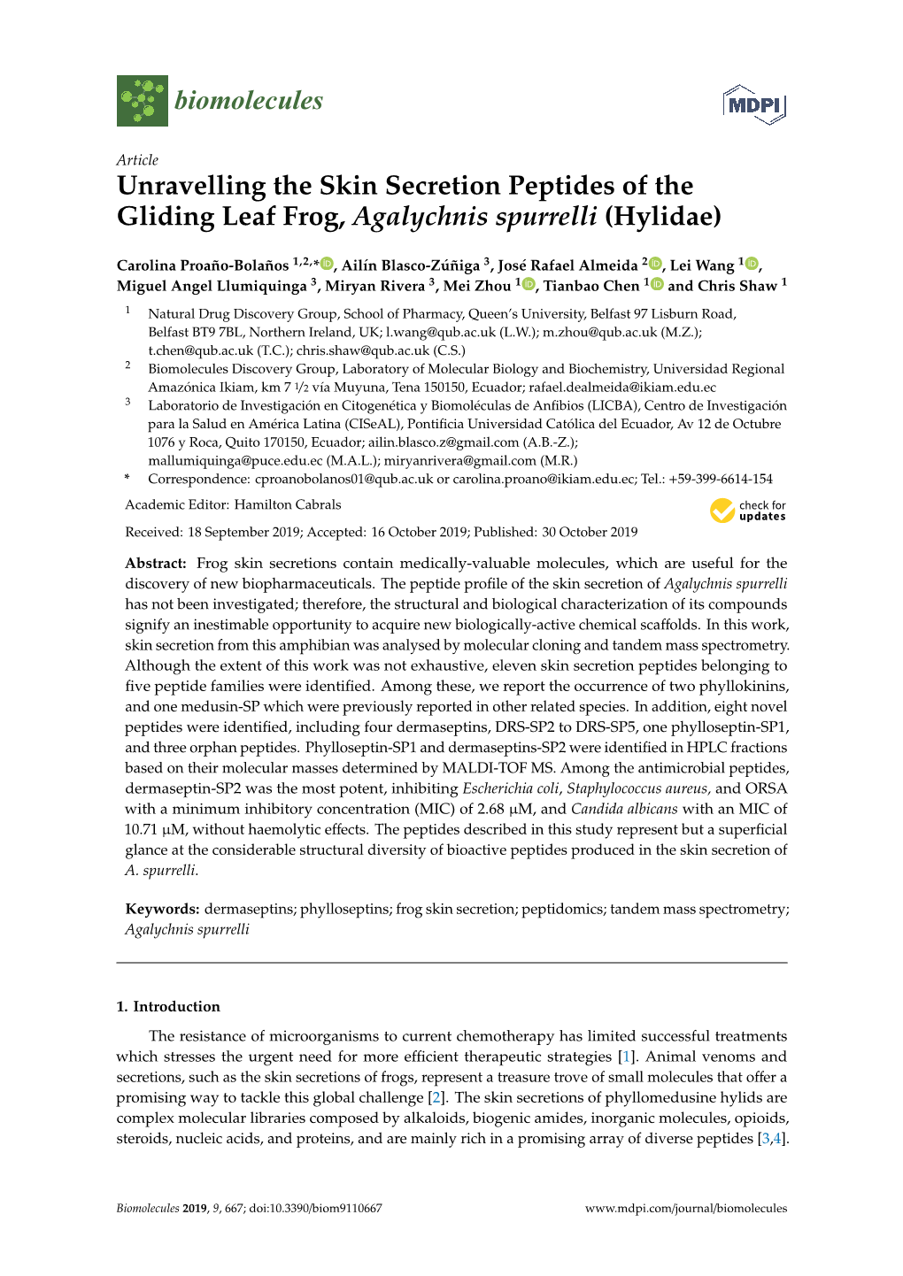 Unravelling the Skin Secretion Peptides of the Gliding Leaf Frog, Agalychnis Spurrelli (Hylidae)