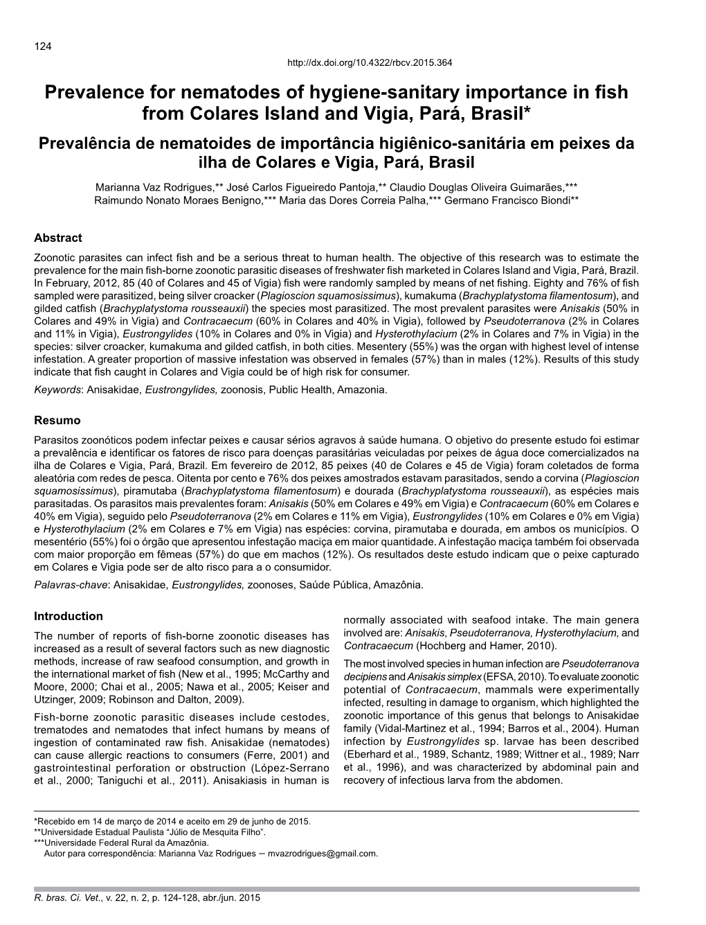 Prevalence for Nematodes of Hygiene-Sanitary Importance in Fish