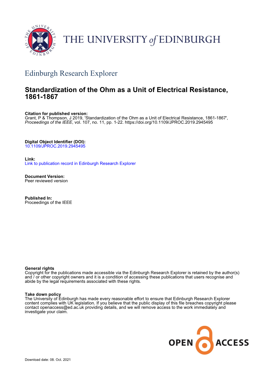 Standardization of the Ohm As a Unit of Electrical Resistance