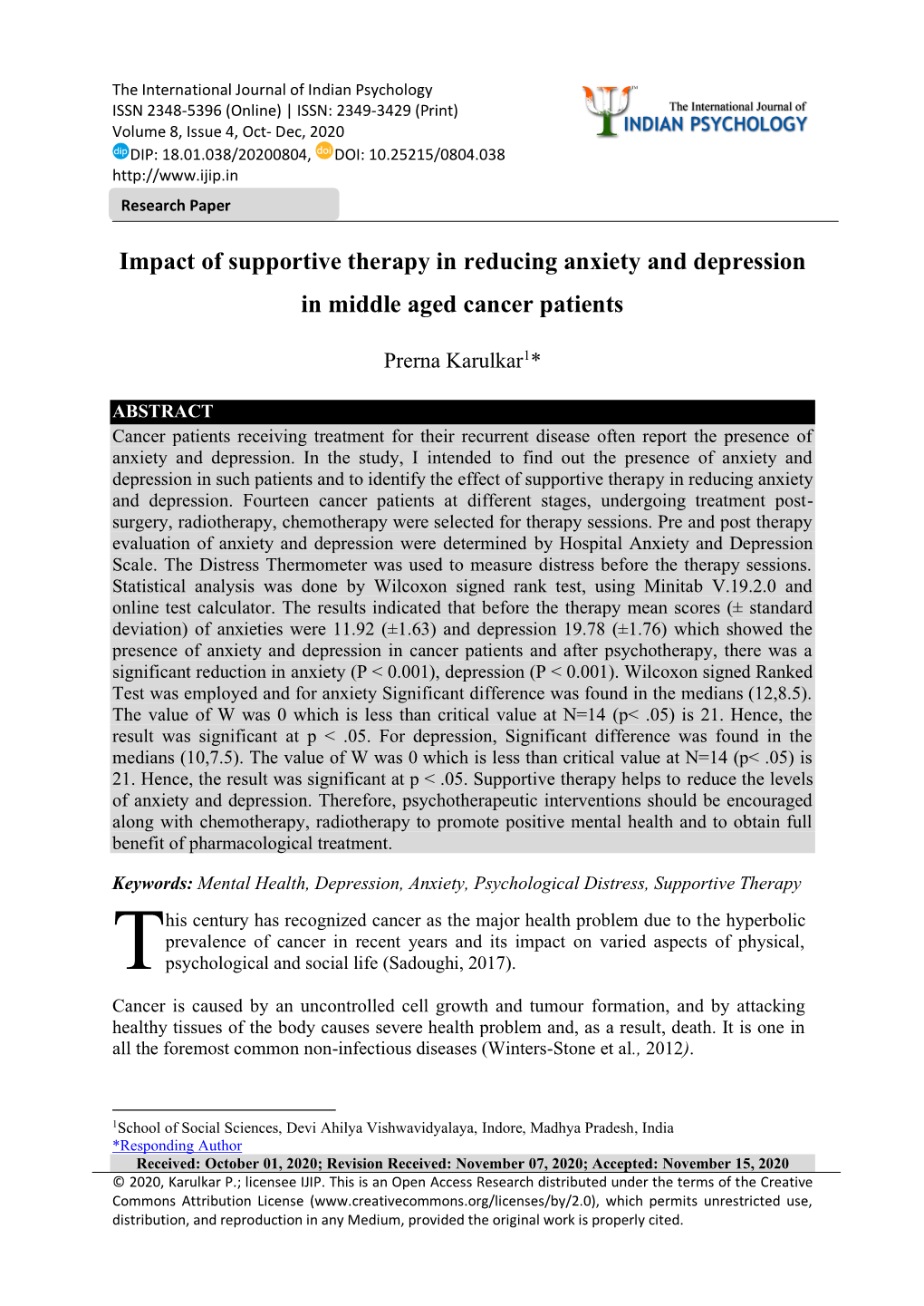 Impact of Supportive Therapy in Reducing Anxiety and Depression in Middle Aged Cancer Patients