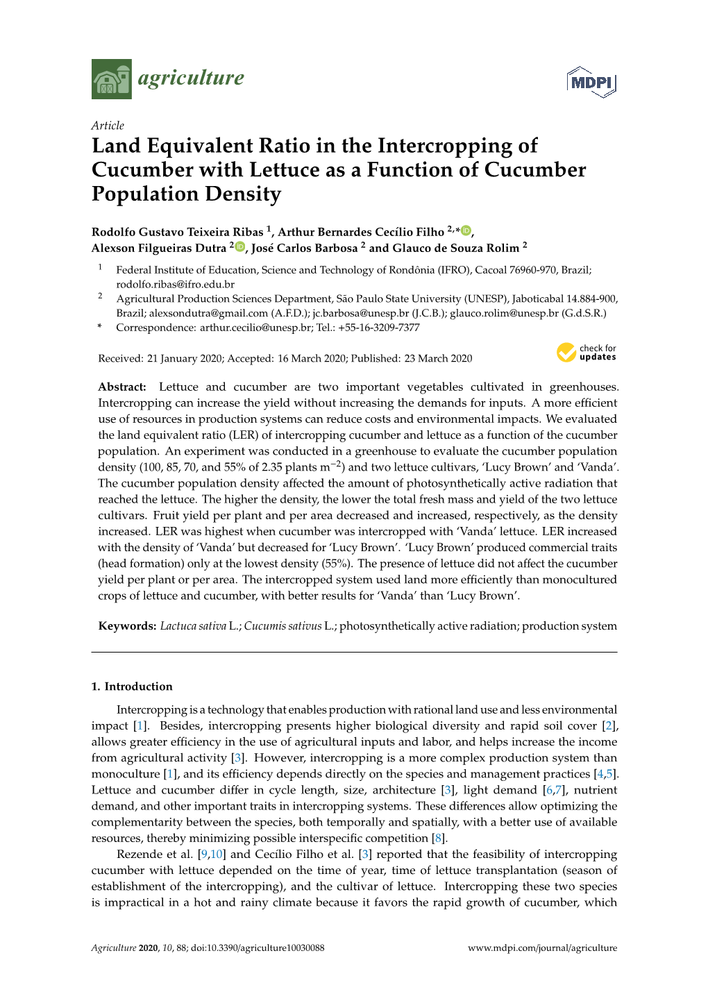 Land Equivalent Ratio in the Intercropping of Cucumber with Lettuce As a Function of Cucumber Population Density