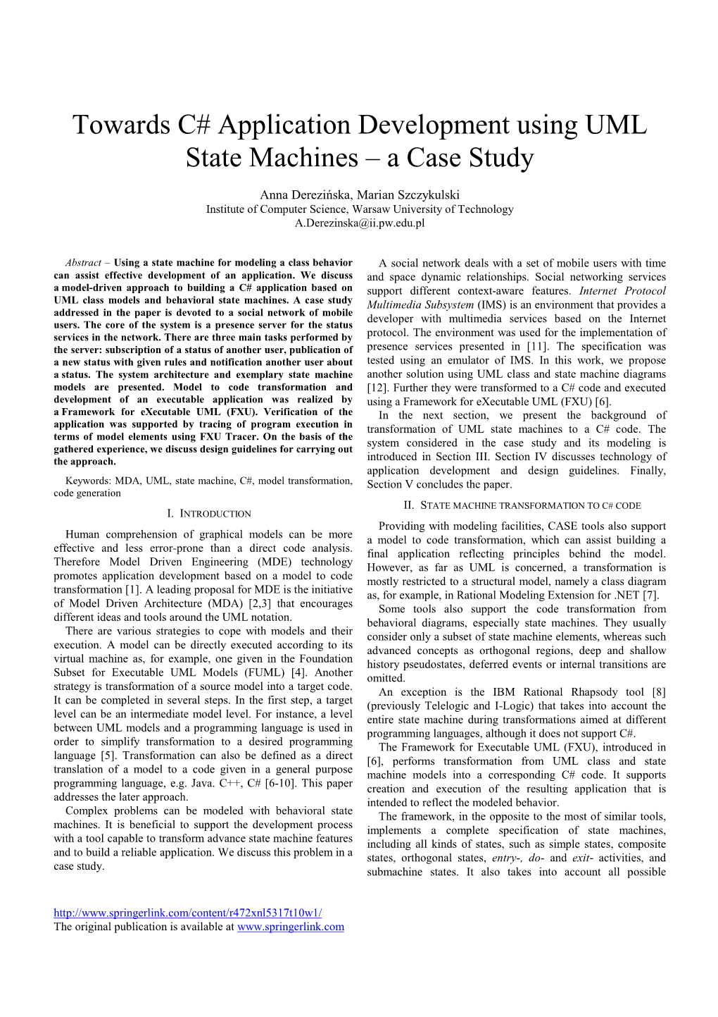 Towards C# Application Development Using UML State Machines – a Case Study