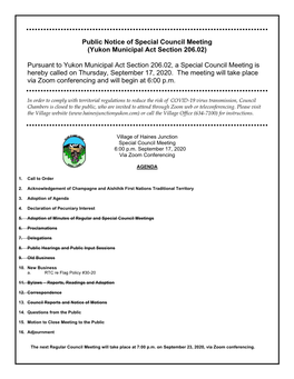 Public Notice of Special Council Meeting (Yukon Municipal Act Section 206.02)