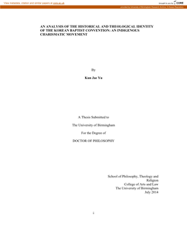 An Analysis of the Historical and Theological Identity of the Korean Baptist Convention: an Indigenous Charismatic Movement