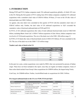 1. INTRODUCTION During FY09 and FY10, Indian Companies Made 536 Outbound Acquisitions Globally, of Which 105 Were in the US