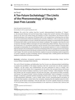 A Too-Future Eschatology? the Limits of the Phenomenology of Liturgy in Jean-Yves Lacoste