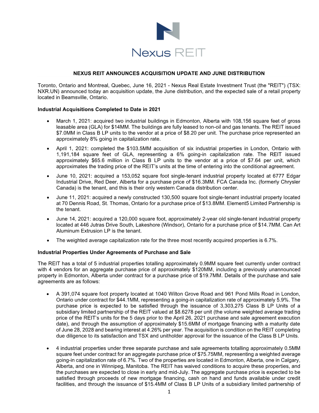 Nexus Reit Announces Acquisition Update and June Distribution