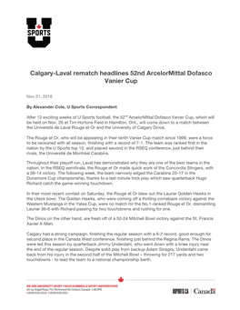Calgary-Laval Rematch Headlines 52Nd Arcelormittal Dofasco Vanier Cup