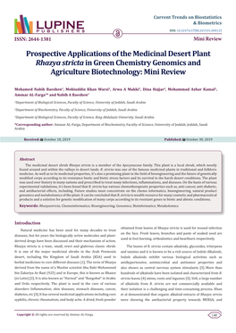 Prospective Applications of the Medicinal Desert Plant Rhazya Stricta in Green Chemistry Genomics and Agriculture Biotechnology: Mini Review