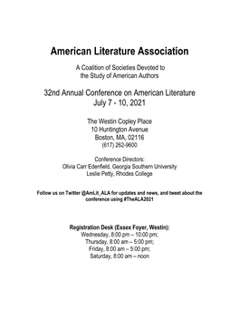 32Nd Annual Conference on American Literature July 7 - 10, 2021