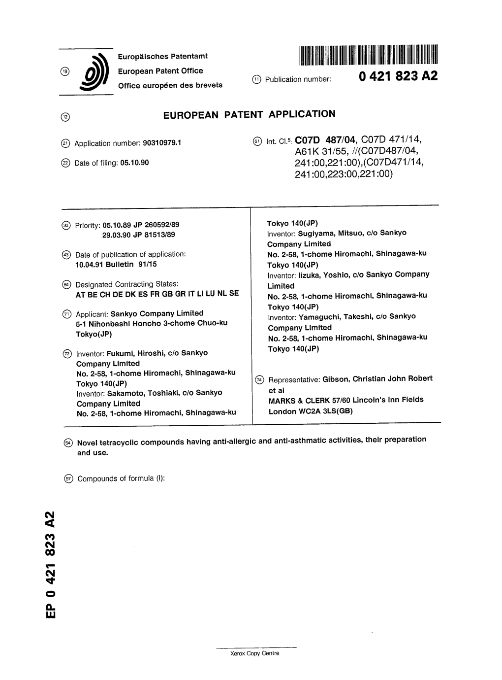 Novel Tetracyclic Compounds Having Anti-Allergic and Anti-Asthmatic Activities, Their Preparation and Use