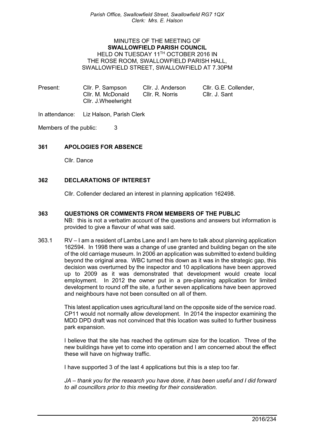 2016/234 Minutes of the Meeting of Swallowfield