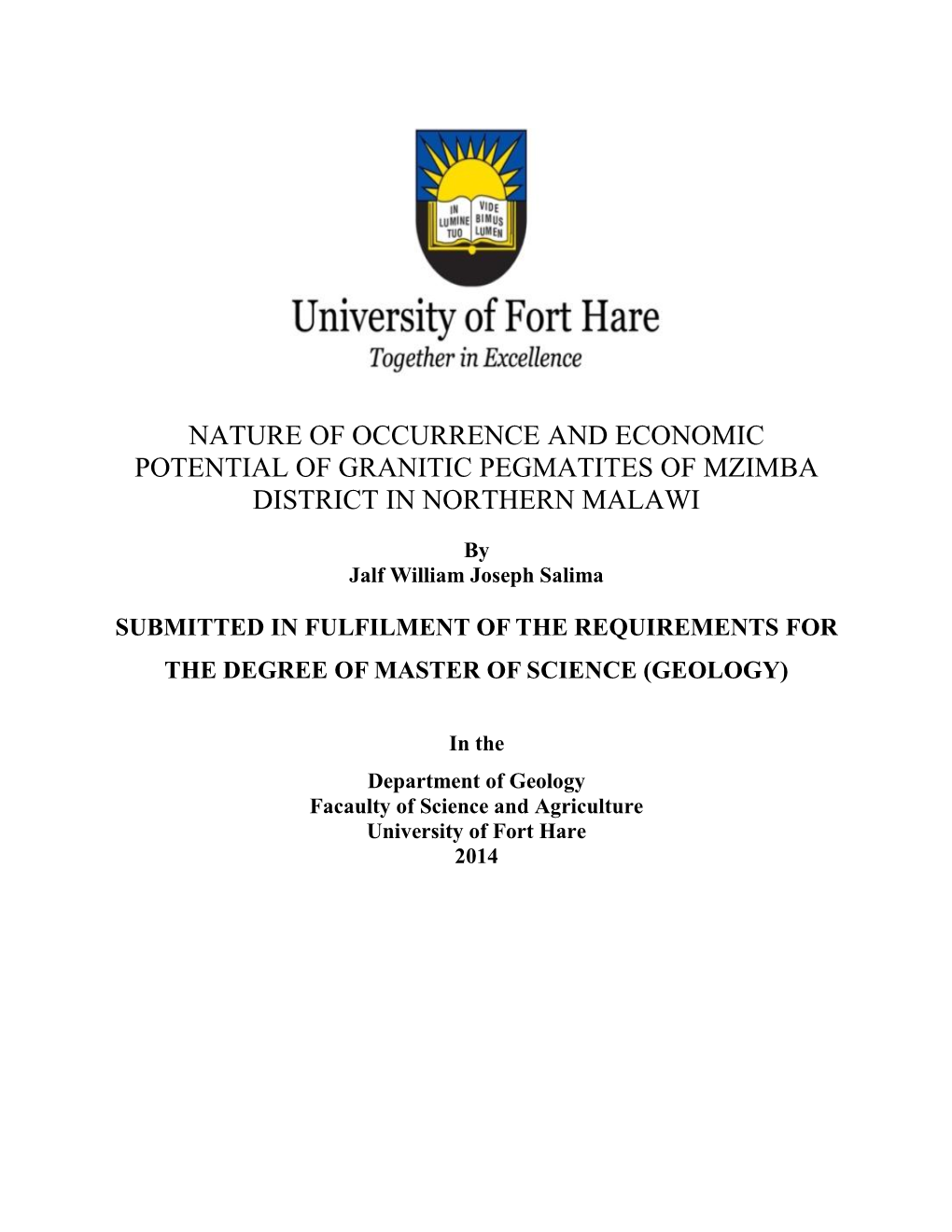 Nature of Occurrence and Economic Potential of Granitic Pegmatites of Mzimba District in Northern Malawi