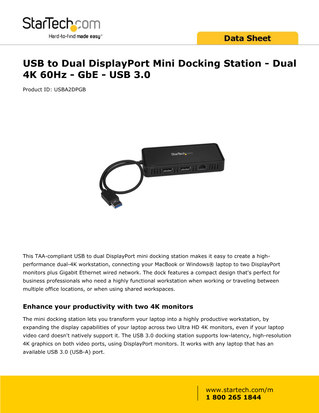 USB to Dual Displayport Mini Docking Station - Dual 4K 60Hz - Gbe - USB 3.0