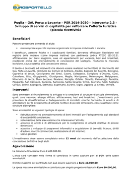 Puglia – GAL Porta a Levante – PSR 2014-2020 - Intervento 2.3 – Sviluppo Di Servizi Di Ospitalità Per Rafforzare L’Offerta Turistica (Piccola Ricettività)