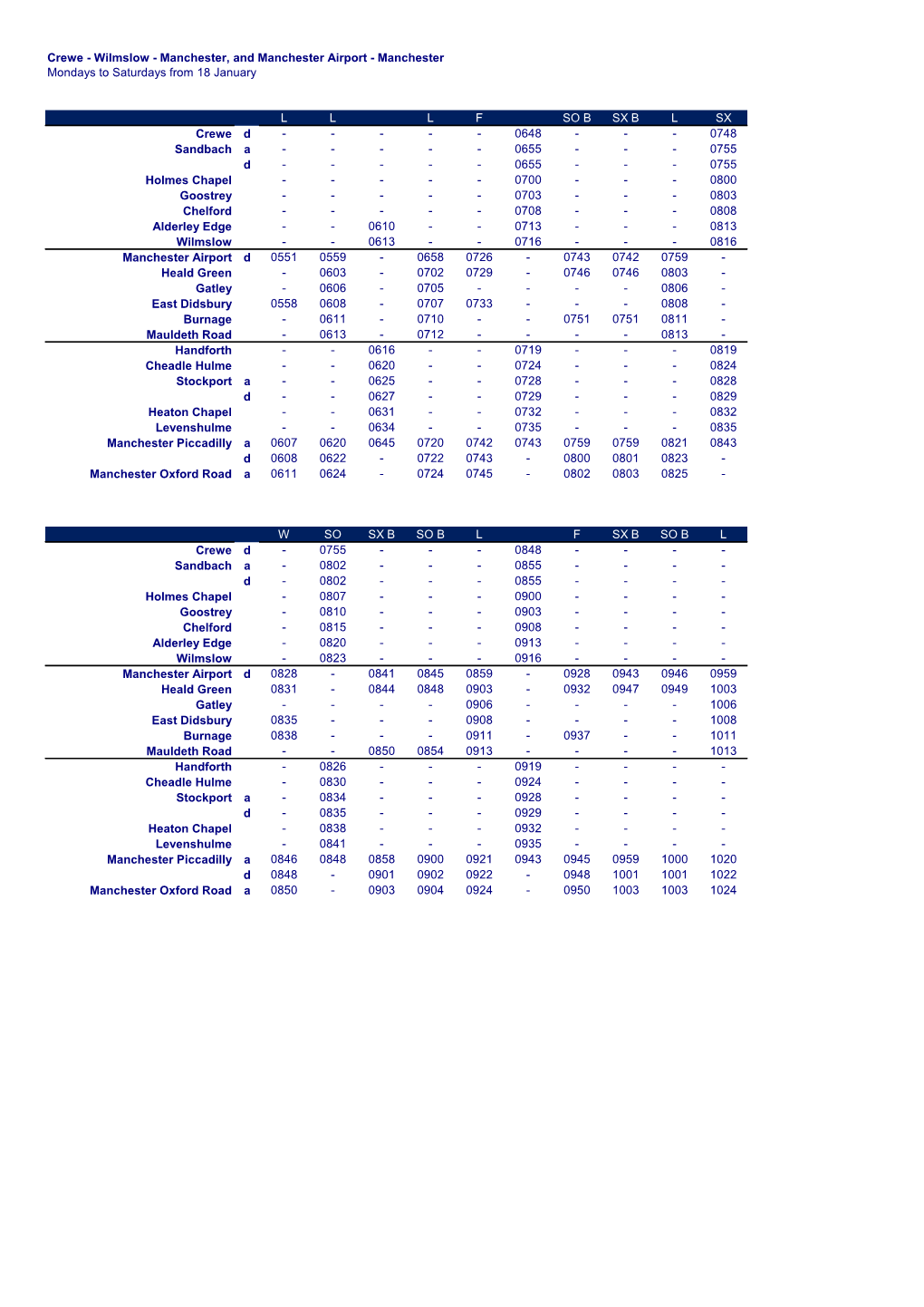 Temporary Train Timetable 18Thjan2020