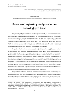 Polsat – Od Wytwórcy Do Dystrybutora Telewizyjnych Treści, „Naukowy Przegląd Dziennikarski” Nr4/2013 (8), Ss