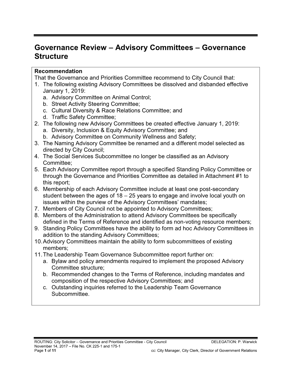 Advisory Committees – Governance Structure