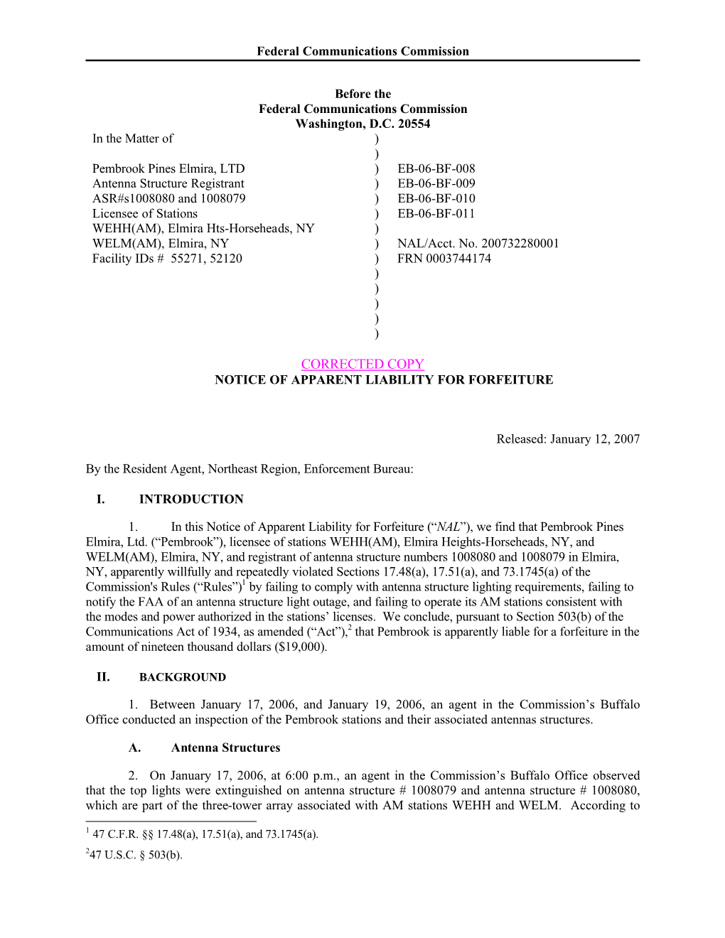 Corrected Copy Notice of Apparent Liability for Forfeiture