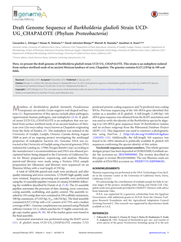 Draft Genome Sequence of Burkholderia Gladioli Strain UCD- UG CHAPALOTE (Phylum Proteobacteria)