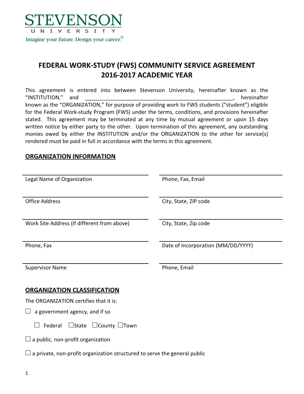 Federal Work-Study (Fws) Community Service Agreement