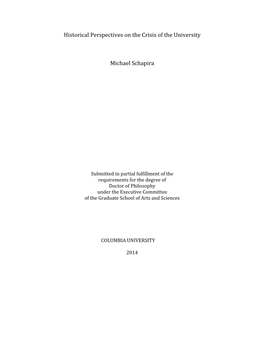 Historical Perspectives on the Crisis of the University Michael Schapira