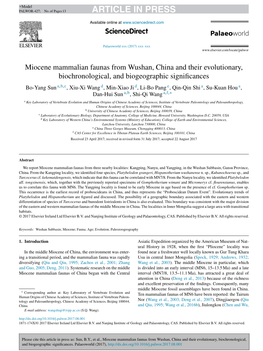 Miocene Mammalian Faunas from Wushan, China and Their Evolutionary