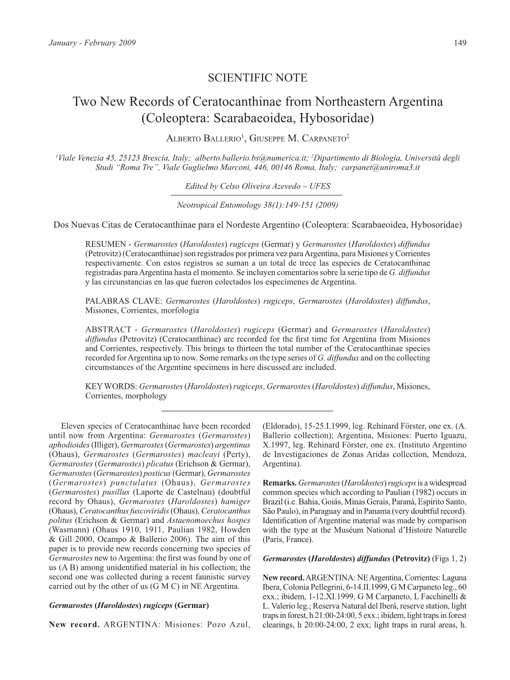 Two New Records of Ceratocanthinae from Northeastern Argentina (Coleoptera: Scarabaeoidea, Hybosoridae)