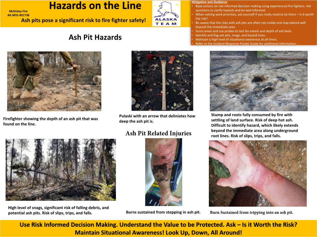 Ash Pits Pose a Significant Risk to Fire Fighter Safety! • Be Aware That the Risks with Ash Pits Are Often Not Visible and May Extend Well Beyond the Immediate Area