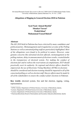 Allegations of Rigging in General Election-2018 in Pakistan Syed
