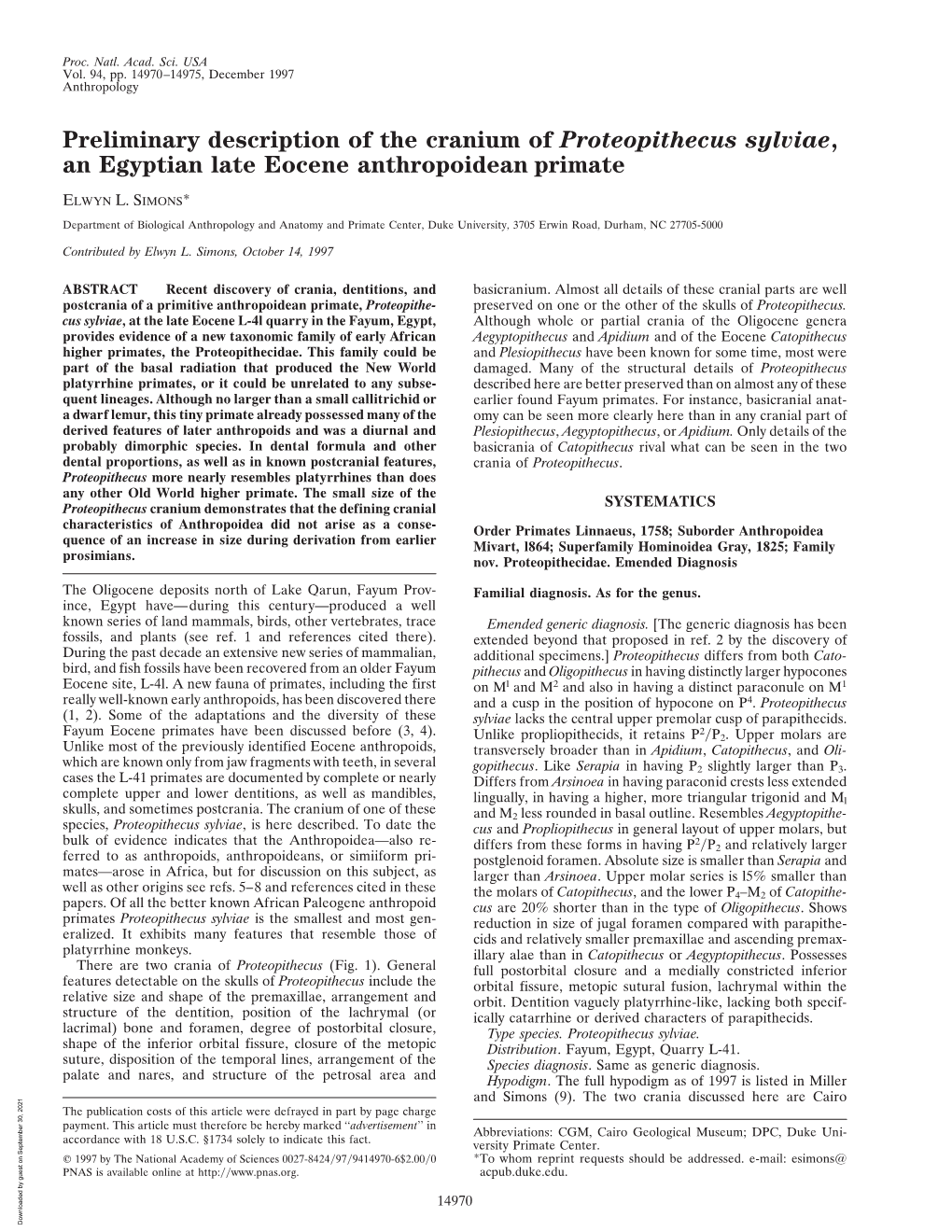 Preliminary Description of the Cranium of Proteopithecus Sylviae, an Egyptian Late Eocene Anthropoidean Primate