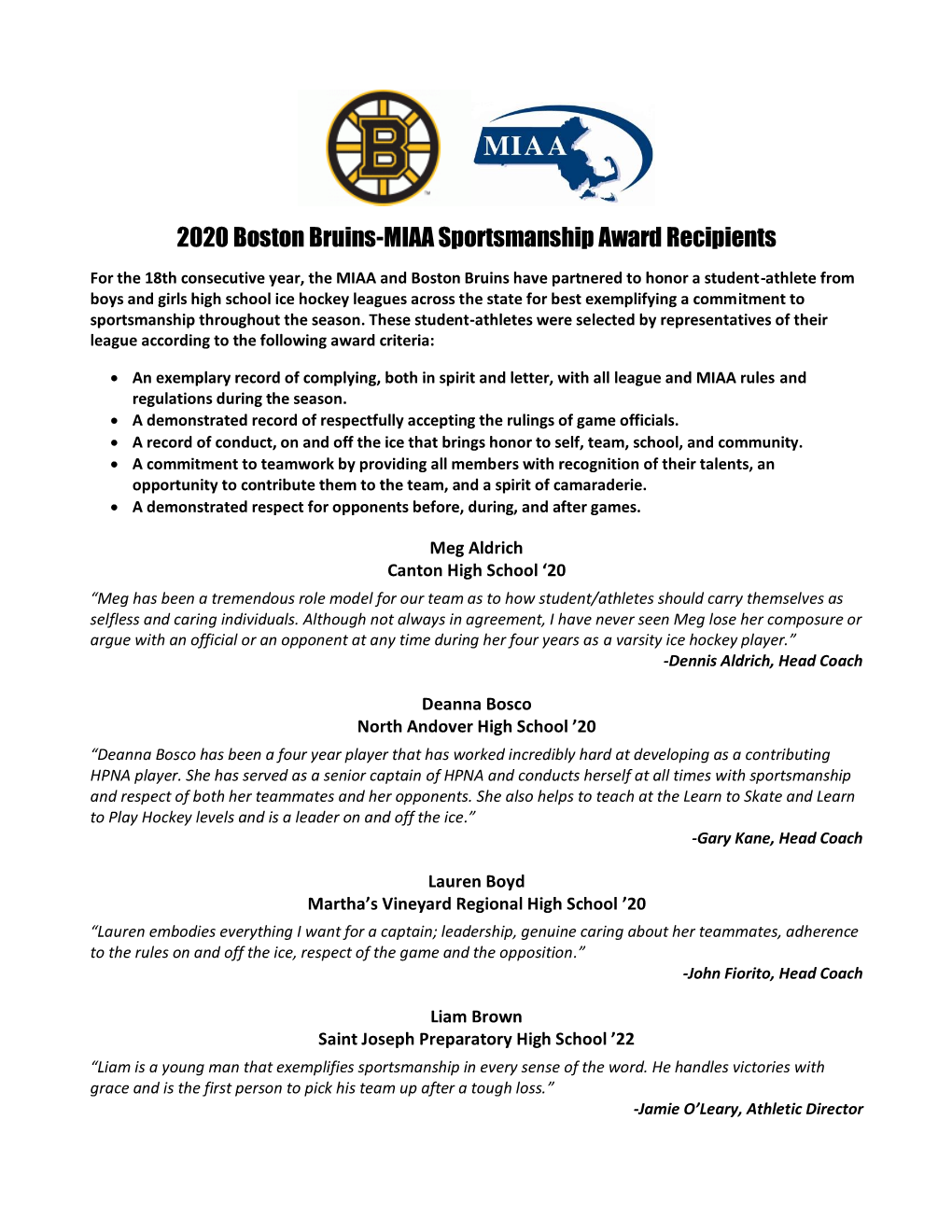 2020 Bruins Award Press Release