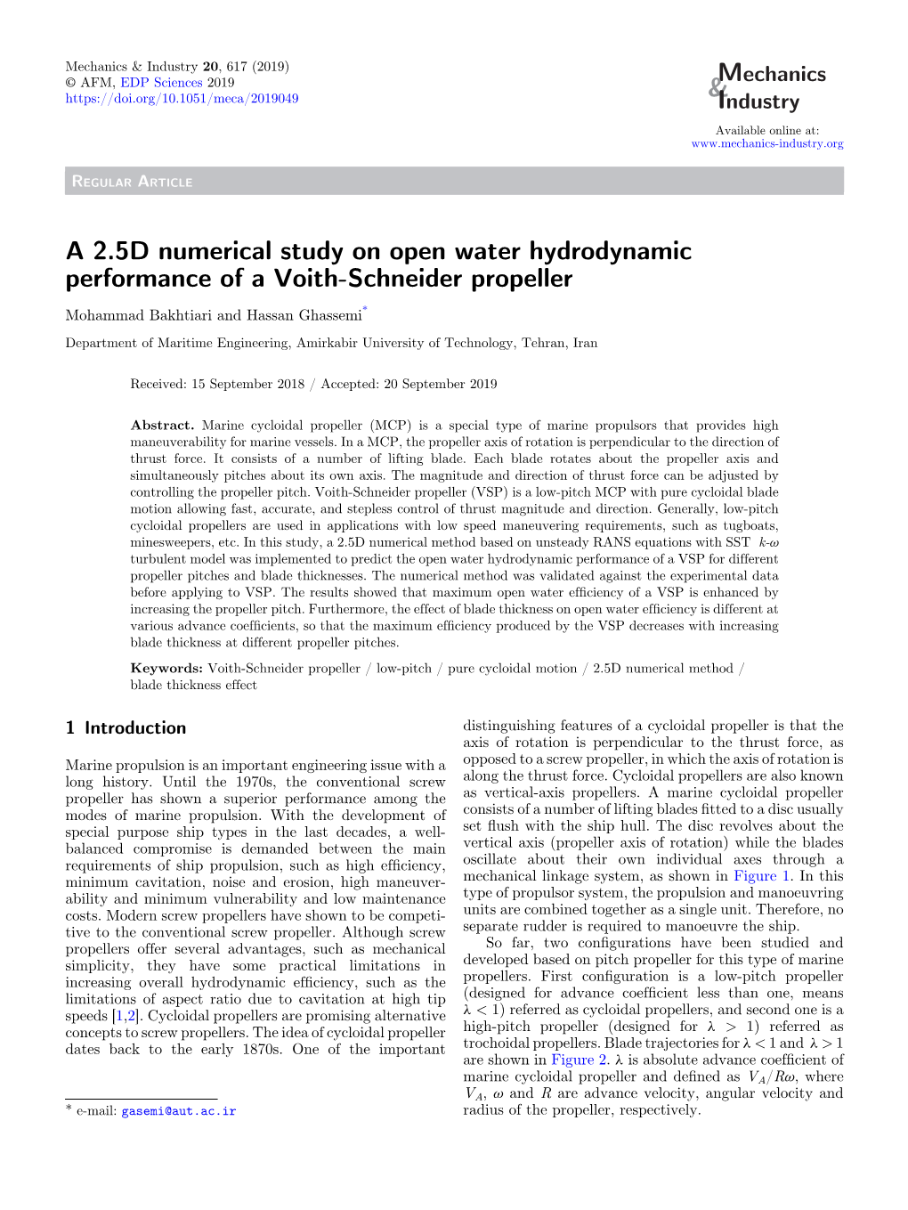 A 2.5D Numerical Study on Open Water Hydrodynamic Performance of a Voith-Schneider Propeller
