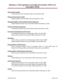 Ministers, 11Th Legislative Assembly (24 October 1987 to 21 November 1991)