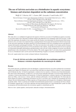 The Use of Salvinia Auriculata As a Bioindicator in Aquatic Ecosystems