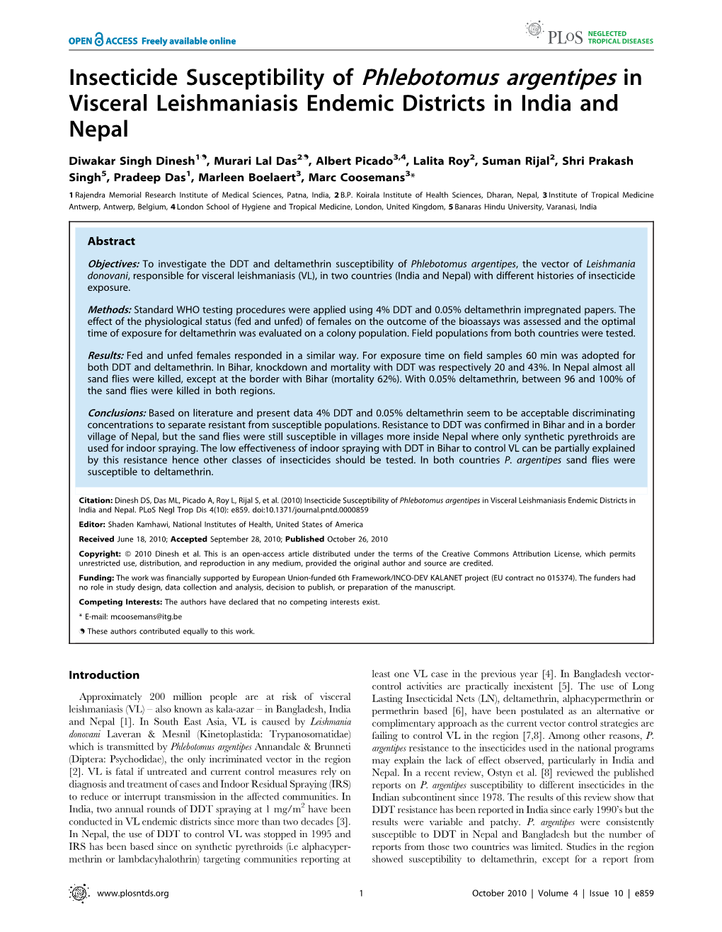 Insecticide Susceptibility of Phlebotomus Argentipes in Visceral Leishmaniasis Endemic Districts in India and Nepal