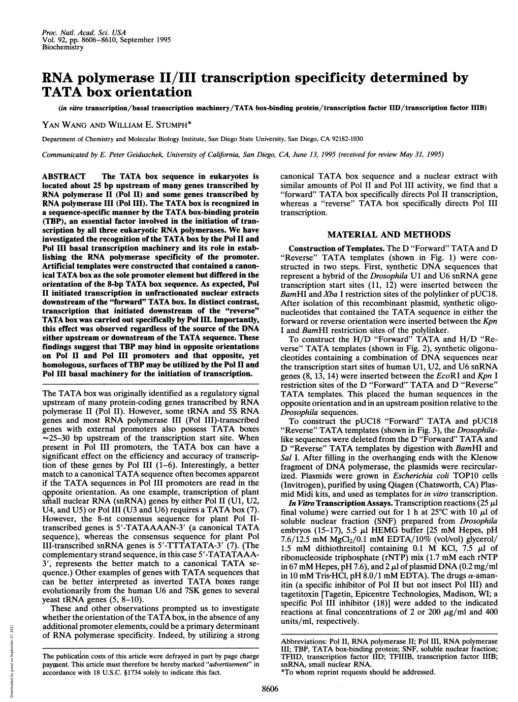 RNA Polymerase II/III Transcription Specificity Determined by TATA Box