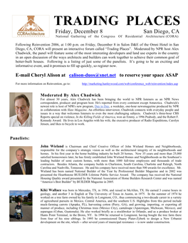 TRADING PLACES Friday, December 8 San Diego, CA National Gathering of the Congress of Residential Architecture (CORA)