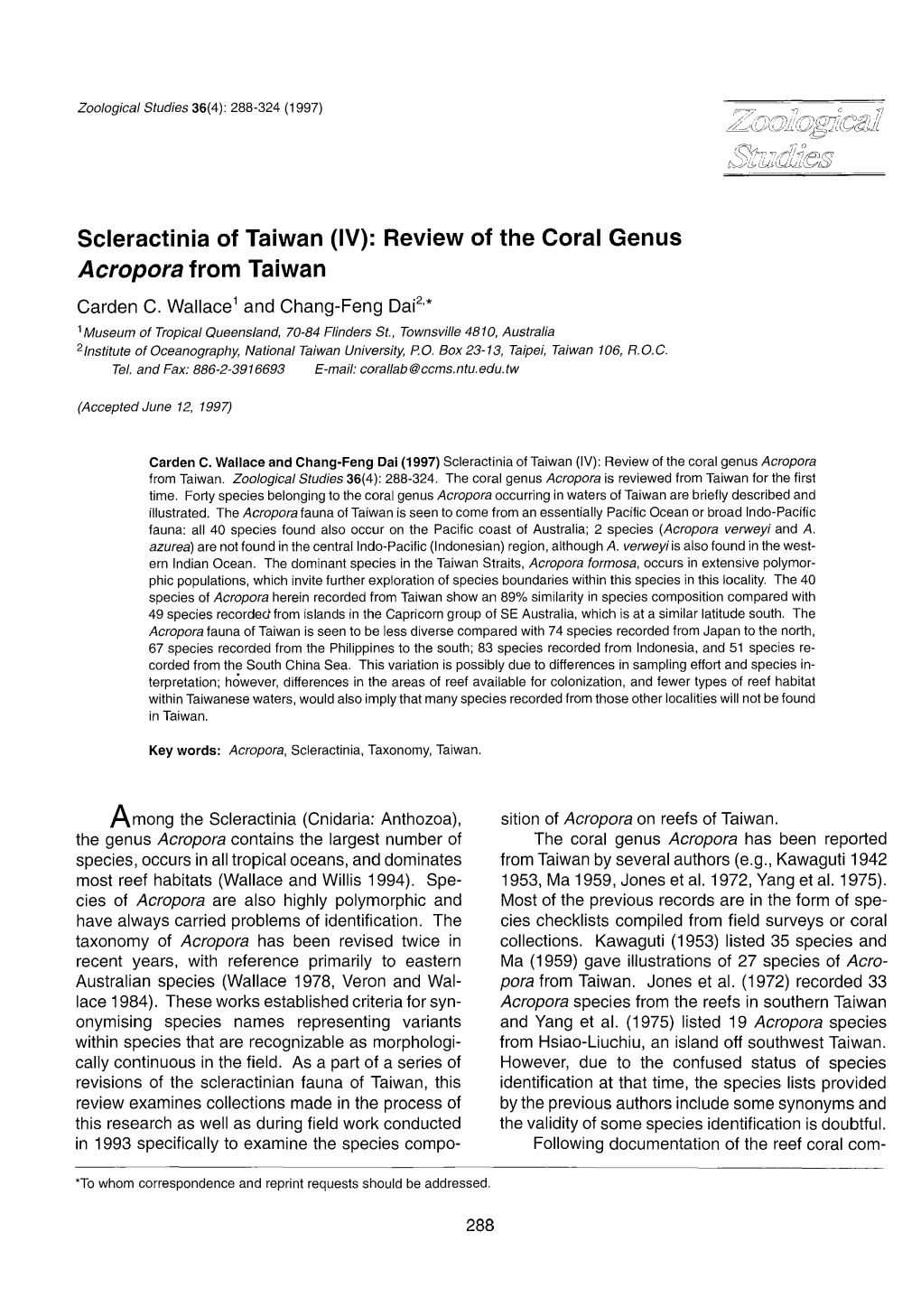 Scleractinia of Taiwan (IV): Review of the Coral Genus Acropora from Taiwan