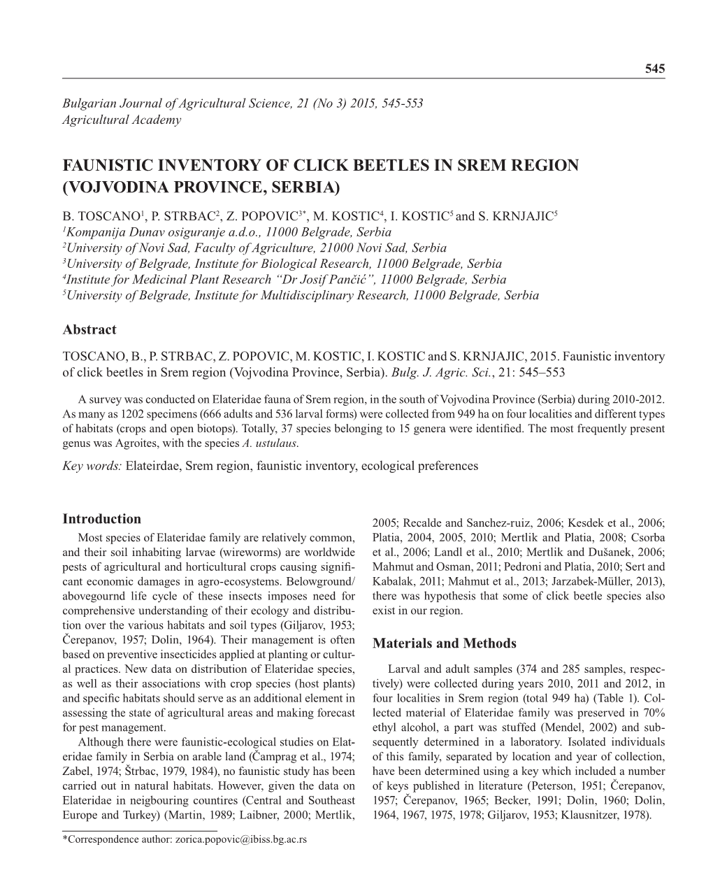 Faunistic Inventory of Click Beetles in Srem Region (Vojvodina Province, Serbia) B